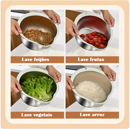 Tigela Escorredora para Lavar Arroz em Aço Inoxidável, Peneira de Arroz, Escorredor de Frutas e Legumes, Utensílios de Cozinha.