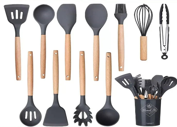 Kit 12 Utensílios de Cozinha em Silicone com Cabo de Madeira