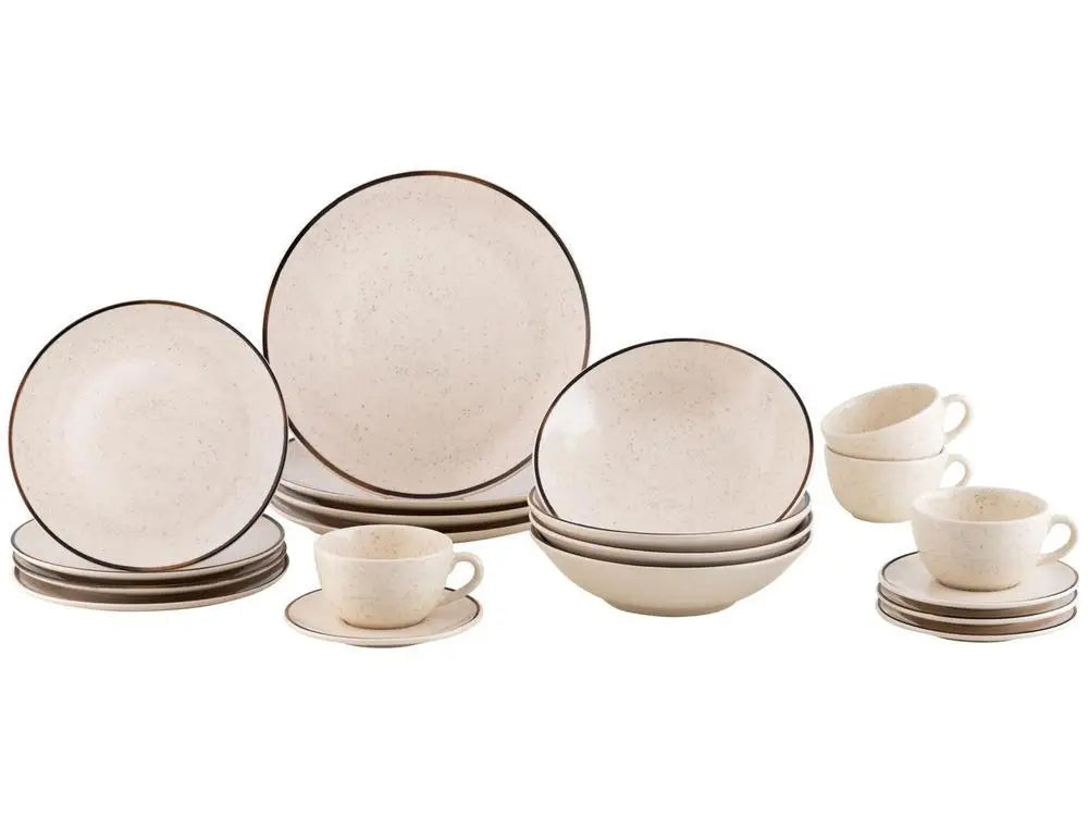 Conjunto de Jantar e Chá Oxford 20 Peças em Cerâmica — Bege e Marrom — Redondo Unni Breeze