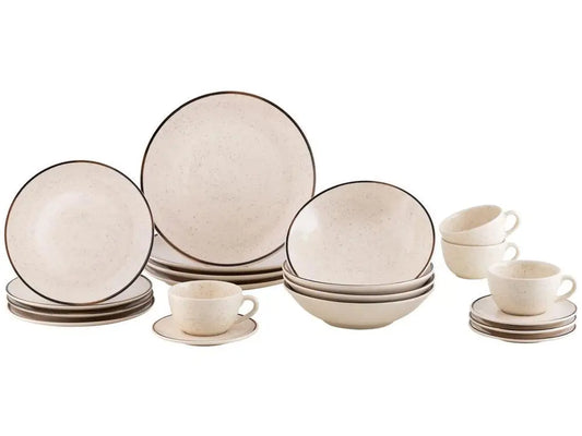 Conjunto de Jantar e Chá Oxford 20 Peças em Cerâmica — Bege e Marrom — Redondo Unni Breeze