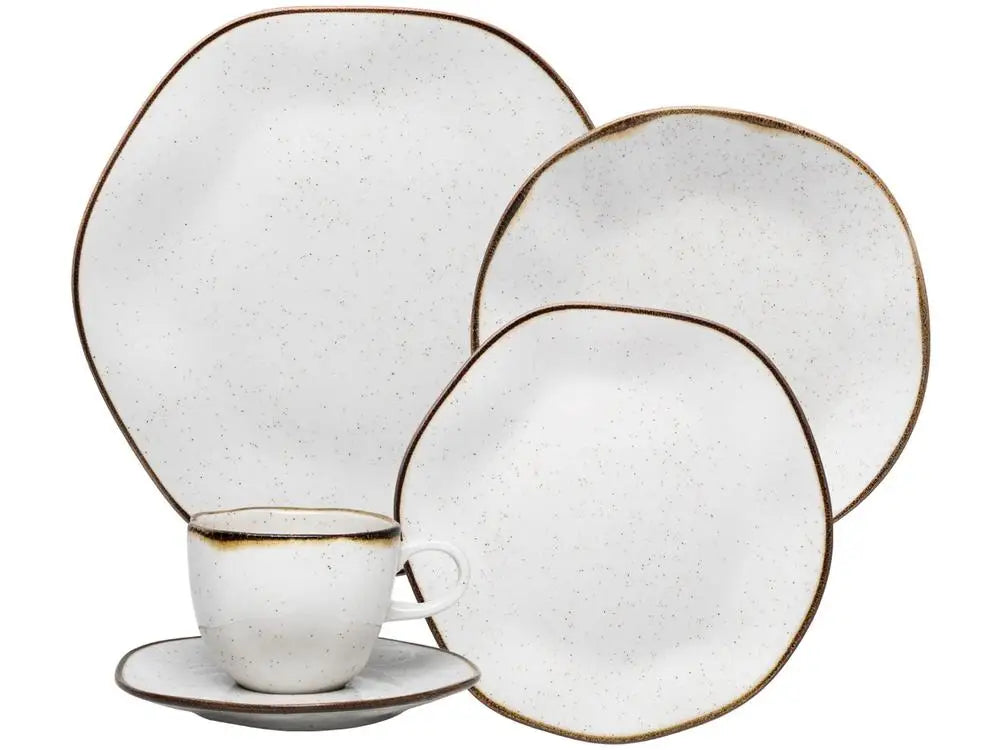 Aparelho de Jantar e Chá Oxford Maresia Redondo em Cerâmica Branco e Marrom – 20 Peças