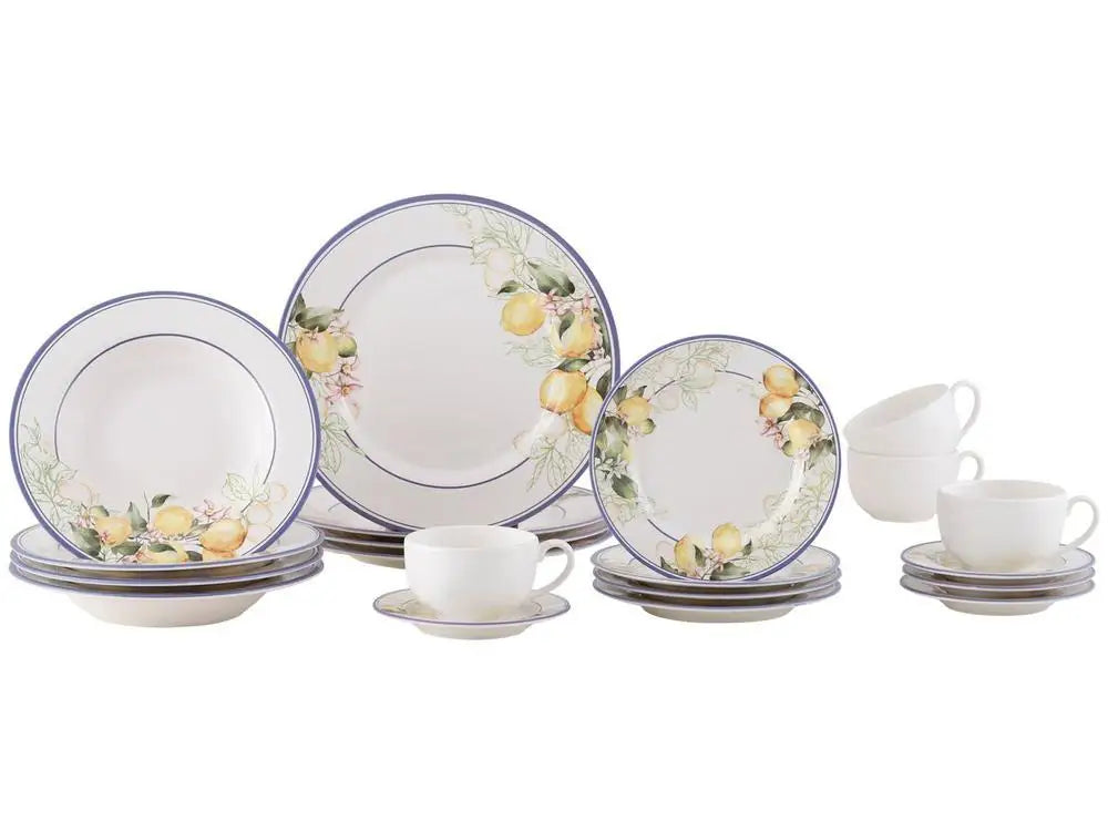 Aparelho de Jantar e Chá Alleanza de Cerâmica Branco e Azul Redondo Sorrento - 20 Peças