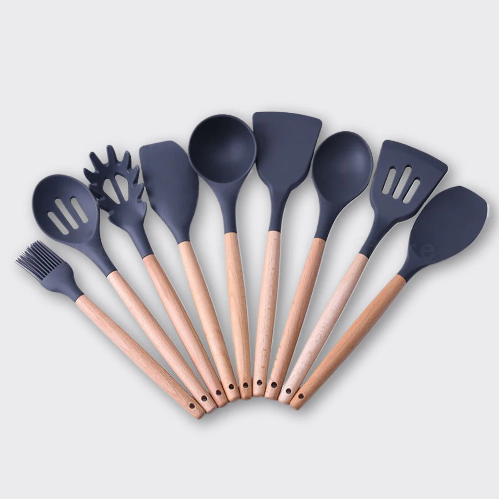 Conjunto de Espátulas e Utensílios de Silicone com Cabo Multifuncional de Madeira, Colher Antiaderente e Pincel