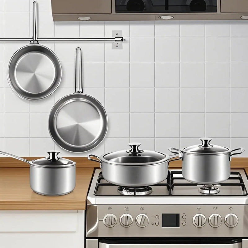 Conjunto de Panelas 15 Peças - Aço Inoxidável 3 Camadas com Tampas de Vidro