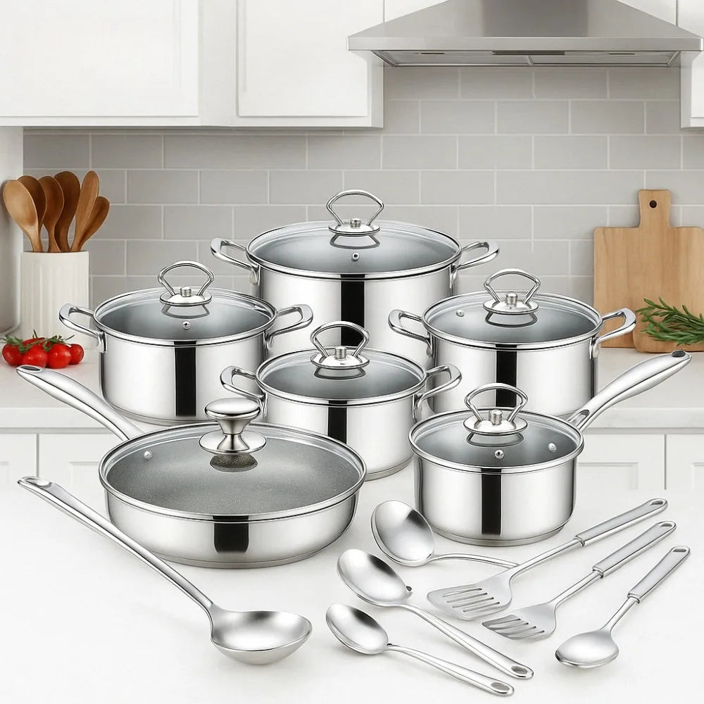 Conjunto de Panelas 15 Peças - Aço Inoxidável 3 Camadas com Tampas de Vidro