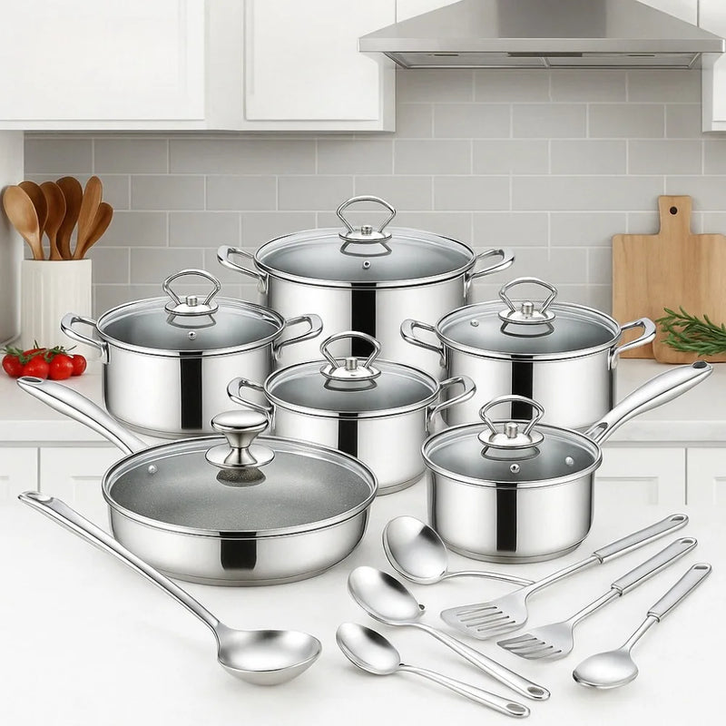 Conjunto de Panelas 15 Peças - Aço Inoxidável 3 Camadas com Tampas de Vidro