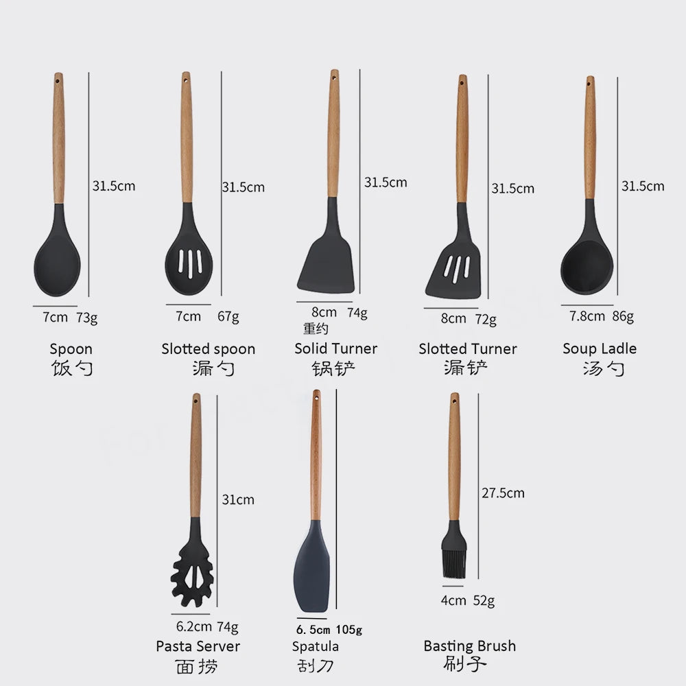 Conjunto de Espátulas e Utensílios de Silicone com Cabo Multifuncional de Madeira, Colher Antiaderente e Pincel