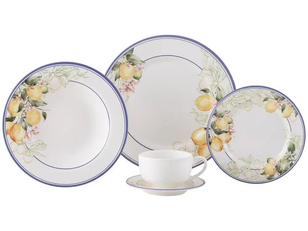 Aparelho de Jantar e Chá Alleanza de Cerâmica Branco e Azul Redondo Sorrento - 20 Peças
