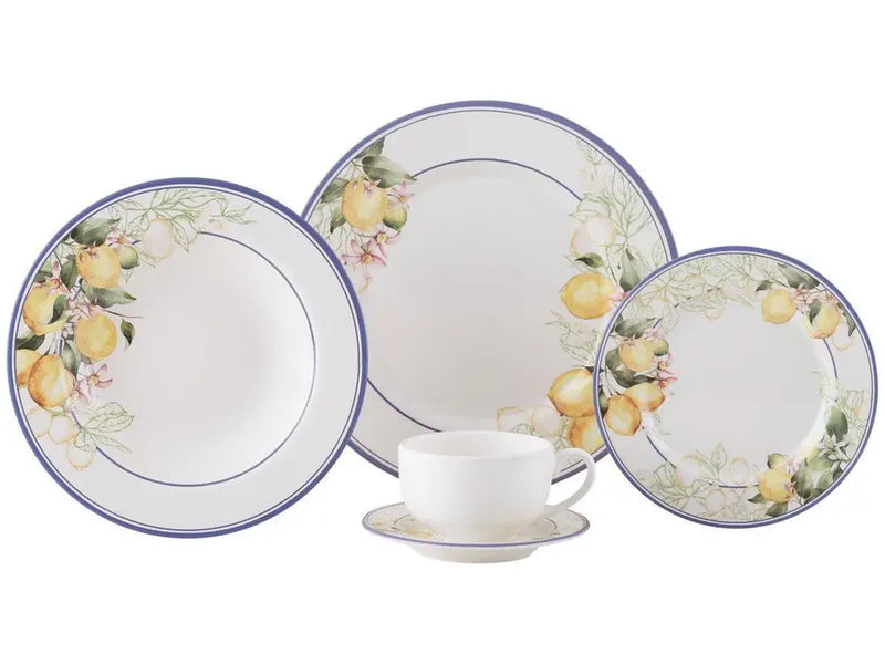 Aparelho de Jantar e Chá Alleanza de Cerâmica Branco e Azul Redondo Sorrento - 20 Peças