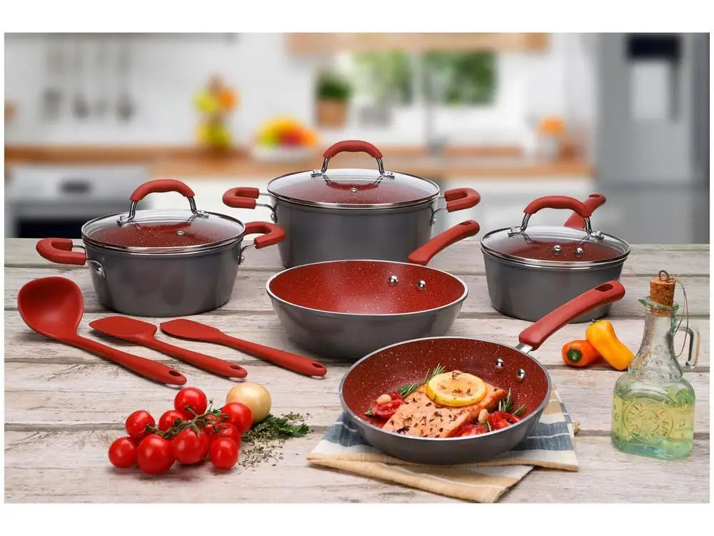 Ceramic Life Select Ceramic Set Brinox Cookware Set Red and Grey Aluminum 8 Pieces