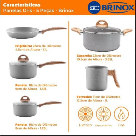 5 Peças Conjunto de Panelas Brinox Ceramic Life Gris Cinza com Revestimento Antiaderente.